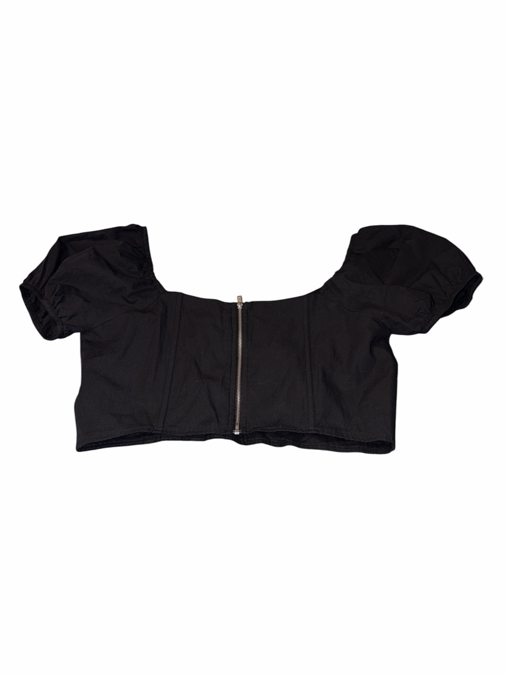 NWT Le Lis Black Cotton Puff Sleeve Crop Top Sz L Cottagecore Peasant Blouse - Picture 3 of 5